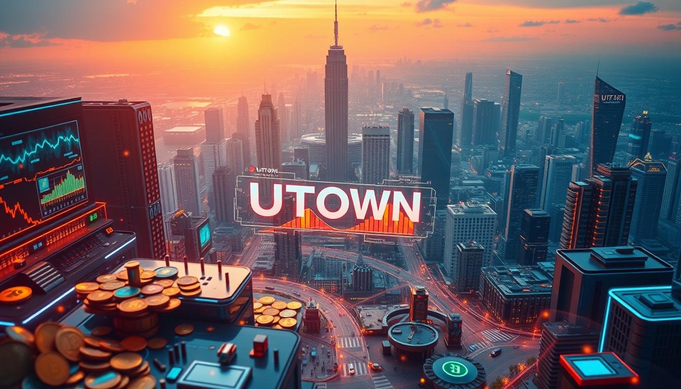 A dynamic marketplace landscape showcasing the growth and trends of the cryptocurrency entertainment platform UTown. In the foreground, a vibrant array of digital currencies and blockchain technology artifacts swirl amidst a sleek, futuristic interface. The middle ground features a central visualization of UTown's market share and user engagement, highlighted by holographic data visualizations. In the background, a panoramic cityscape depicts the urban hub of innovation, with towering skyscrapers and a pulsing technological infrastructure. Warm lighting casts a vibrant glow, while a subtle haze of digital activity permeates the scene, conveying the dynamic and evolving nature of the crypto entertainment industry.