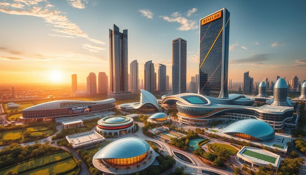 A futuristic cityscape with Glowin Beaute's entertainment complex as the centerpiece. Tall, glimmering skyscrapers in the background, their glass facades reflecting the warm glow of the sunset. In the foreground, a sprawling complex of modern, eco-friendly buildings housing cutting-edge gaming facilities, state-of-the-art conference centers, and luxurious hotels. Lush, meticulously landscaped gardens and public spaces weave through the development, creating a harmonious blend of nature and technology. Holograms and digital signage add to the futuristic ambiance, showcasing Glowin Beaute's vision for a sustainable, innovative, and visitor-centric entertainment destination.