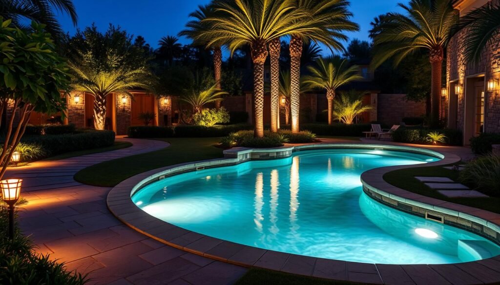 A serene and beautifully designed Aloha brand outdoor garden oasis, featuring a lush, well-manicured courtyard with a variety of lighting elements. In the foreground, strategically placed path lights gently illuminate the stone walkway, casting a warm, inviting glow. The middle ground showcases a tranquil reflecting pool, its surface softly illuminated by underwater lights, creating a mesmerizing, shimmering effect. In the background, uplighting highlights the graceful silhouettes of towering palm trees, while discreet wall sconces add subtle accent lighting to the surrounding stone walls. The overall ambiance is one of peaceful, harmonious outdoor living, perfect for entertaining or quiet relaxation.
