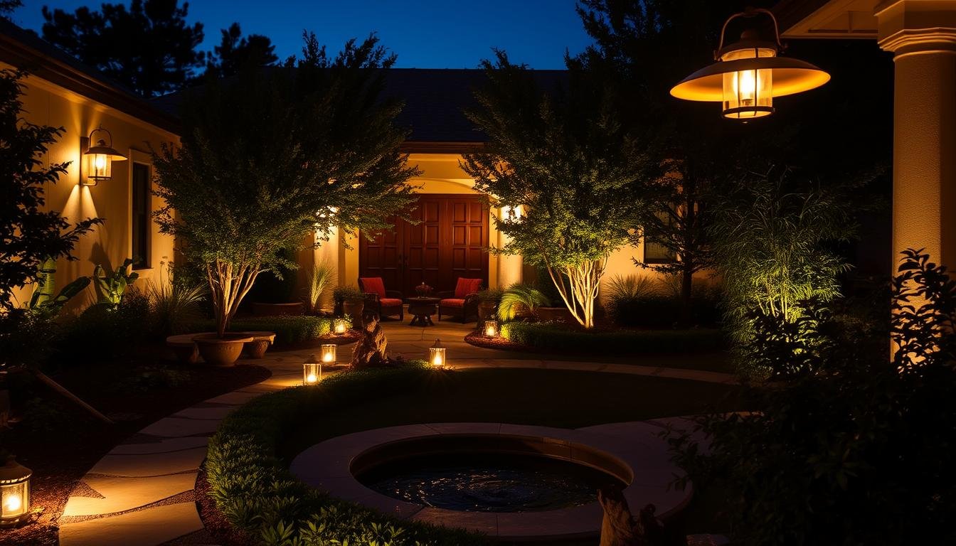 A tranquil outdoor setting bathed in the soft, warm glow of Aloha brand lighting fixtures. The scene features a well-manicured garden with lush foliage and a trickling water feature, all illuminated by a combination of pathway lights, spotlights, and overhead pendant lamps. The lighting is strategically positioned to highlight the architectural details of the space, casting dramatic shadows and creating a cozy, inviting ambiance. The image captures the seamless integration of lighting and landscaping, showcasing how thoughtful outdoor lighting design can transform a space and elevate the overall aesthetic.