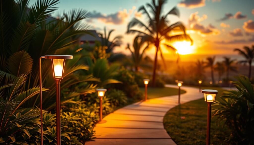 A vibrant outdoor scene showcasing the unique features of Aloha lighting products. In the foreground, a sleek and modern Aloha floor lamp casts a warm glow, illuminating the lush, tropical foliage surrounding it. In the middle ground, a series of Aloha path lights line a winding walkway, guiding visitors through the serene outdoor space. The background is a stunning panoramic view of a tranquil, Hawaiian-inspired landscape, complete with swaying palm trees and a picturesque sunset casting a golden hue across the scene. The overall mood is one of relaxation and natural beauty, highlighting how Aloha's innovative lighting solutions can elevate the ambiance of any outdoor living area.