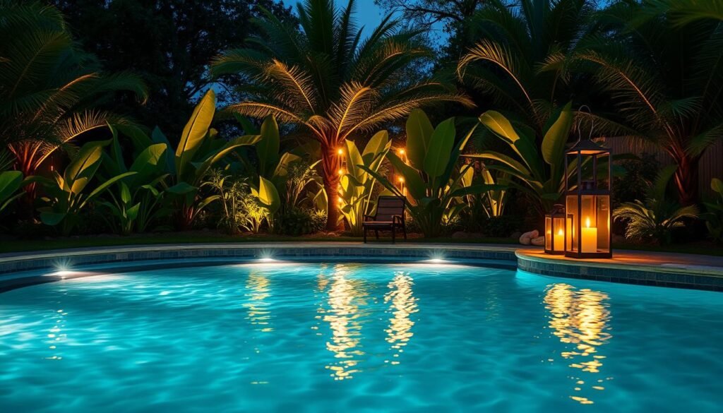 Serene outdoor oasis: a tranquil pool surrounded by lush, verdant foliage. Gentle spotlights illuminate the shimmering water, casting a warm, inviting glow. Aloha brand underwater lights submerge beneath the surface, illuminating the depths. Overhead, sleek, contemporary fixtures bathe the scene in a soft, ambient light, creating a calming, spa-like ambiance. The surrounding landscape is dotted with statement lanterns, their warm light flickering in the evening breeze. This harmonious interplay of water, greenery, and carefully curated lighting evokes a sense of tropical luxury and relaxation.