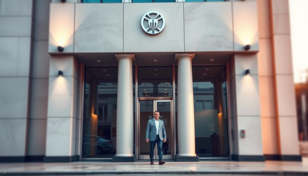 A sleek, modern bank facade with a minimalist design, featuring clean lines, large glass windows, and a discreet logo. The entrance is flanked by two tall, elegant columns, conveying a sense of authority and trustworthiness. The building is bathed in warm, soft lighting, creating a welcoming atmosphere. In the foreground, a well-dressed individual approaches the entrance, symbolizing the ease and convenience of banking at this establishment. The background is blurred, emphasizing the focus on the bank's architecture and the customer's experience. The overall mood is one of professionalism, accessibility, and a commitment to serving the needs of the individual, without unnecessary scrutiny or judgment.
