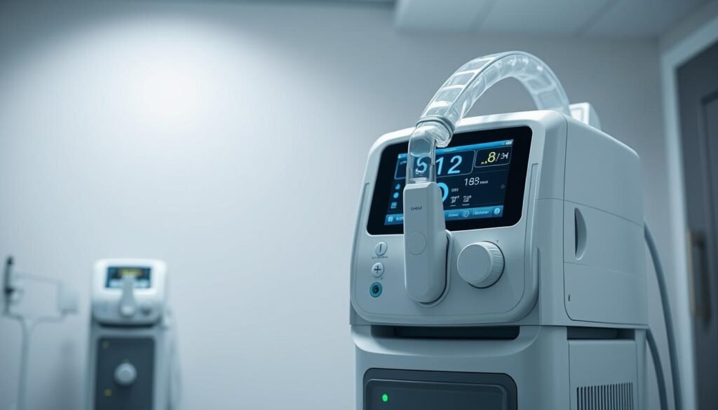 A detailed, high-resolution image of a modern iCareCPAP sleep apnea machine. The device is shown in a well-lit, clinical setting, with a sleek, minimalist design in muted tones of white and grey. The machine is prominently displayed, with its various interfaces and controls clearly visible, conveying a sense of advanced medical technology. The foreground highlights the machine's primary functions and features, while the background provides a clean, sterile environment to emphasize its purpose in treating sleep-disordered breathing. The overall atmosphere is one of professionalism and reliability, reflecting the crucial role of this device in the management of sleep apnea.