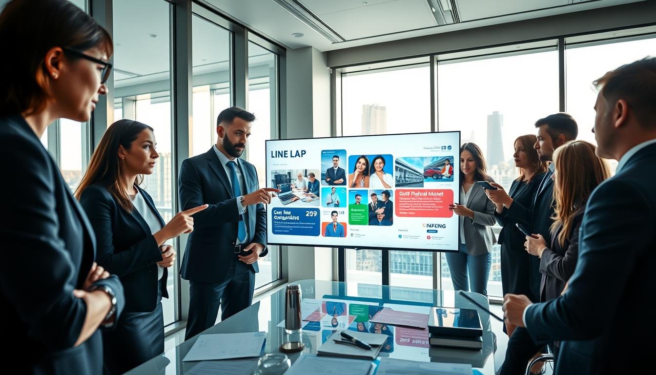 A modern, sleek office environment filled with light, showcasing a diverse group of professionals in business attire discussing a digital marketing strategy around a large screen displaying vibrant visuals of LINE LAP and ad concepts. In the foreground, a focused woman points at the screen, while a man takes notes. In the middle, a collaborative atmosphere is emphasized with additional team members brainstorming ideas, surrounded by digital devices and marketing materials. The background features large windows with a city skyline, adding an urban feel and emphasizing innovation. Soft, natural lighting enhances the creative mood, captured from a low angle to convey importance and engagement in the strategy session. The overall atmosphere is dynamic and professional, reflecting the theme of strategic alignment in digital marketing.