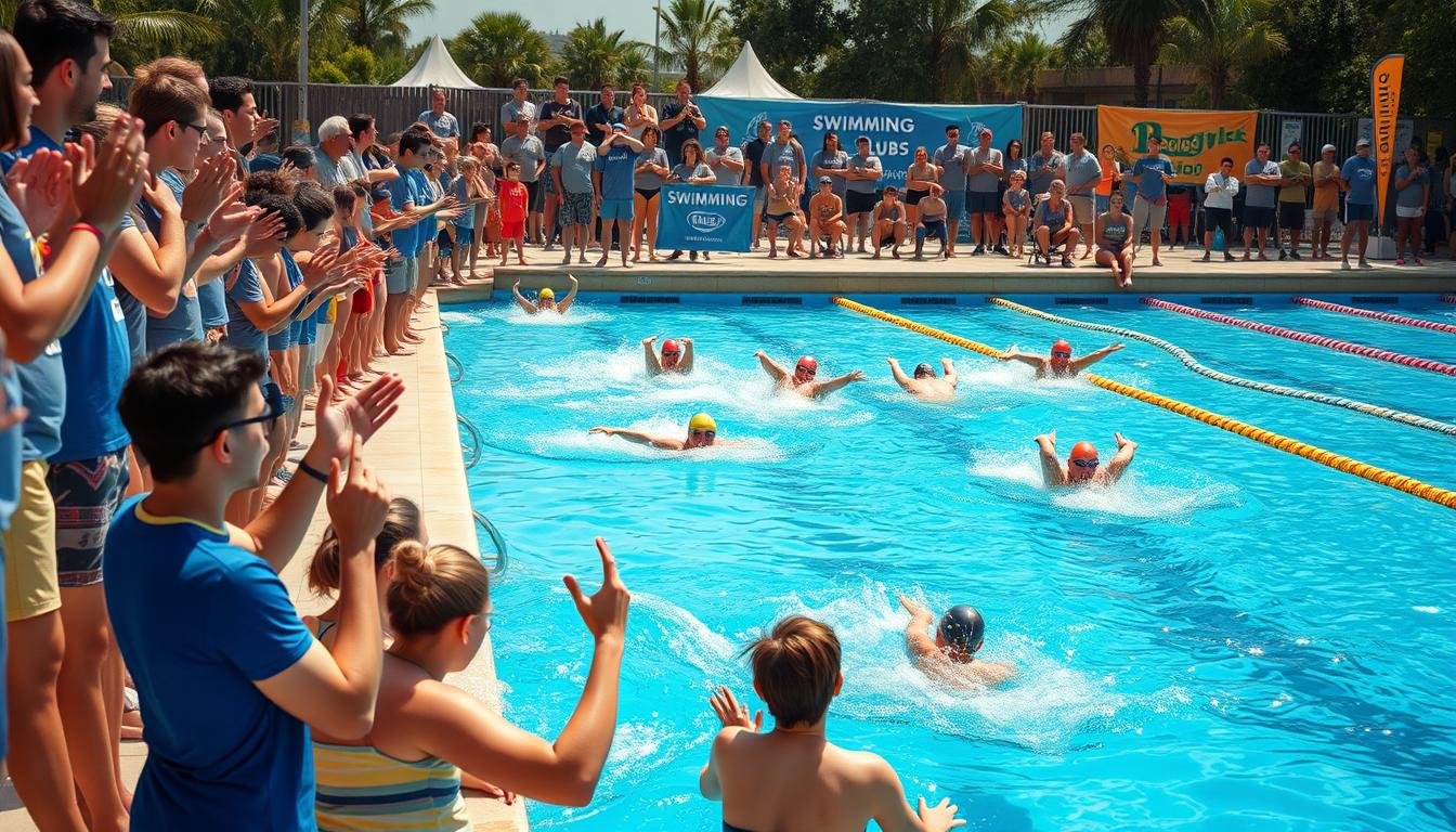 A lively scene depicting members of a swimming club engaged in a swimming event. In the foreground, a diverse group of men and women, dressed in matching athletic shirts and short, comfortable bottoms, cheer enthusiastically from the poolside. The middle ground features swimmers diving gracefully into the clear blue water, displaying synchronized movements and camaraderie. In the background, a bright, sunny day creates a cheerful atmosphere, with spectators and banners showcasing the club's colors. Soft, natural light illuminates the scene, highlighting the joy and community spirit among the participants. The angle captures the action from a slightly elevated perspective, emphasizing the pool's vibrant energy and the bonds formed through the event.