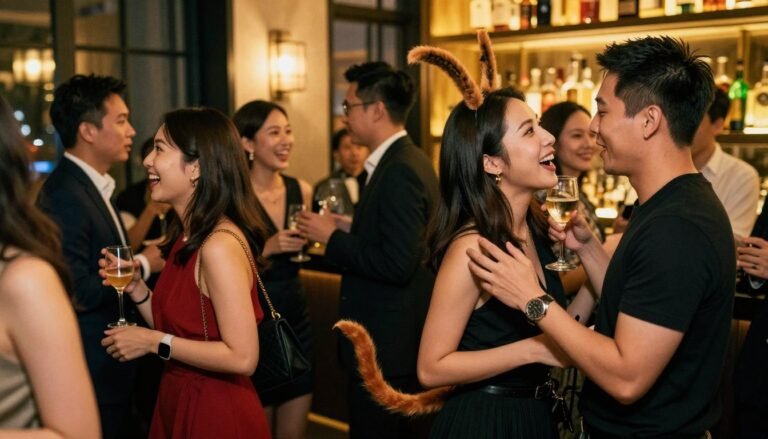 A lively social party scene set in a stylish Hong Kong venue, featuring individuals dressed in modest, fashionable clothing. In the foreground, a couple playfully engages in a lighthearted conversation, showcasing a unique prop resembling a playful accessory designed as a tail. The couple shares an intimate moment, illuminated by warm, ambient lighting that creates a cozy atmosphere. In the middle background, other guests are mingling, laughing, and enjoying drinks, enhancing the festive feel while maintaining a sense of professionalism. The backdrop features elegant decor, creating a vibrant yet sophisticated ambiance typical of Hong Kong nightlife. Capture the mood with a cinematic angle, highlighting the joyful interactions and playful energy of the scene in a 4:3 aspect ratio.