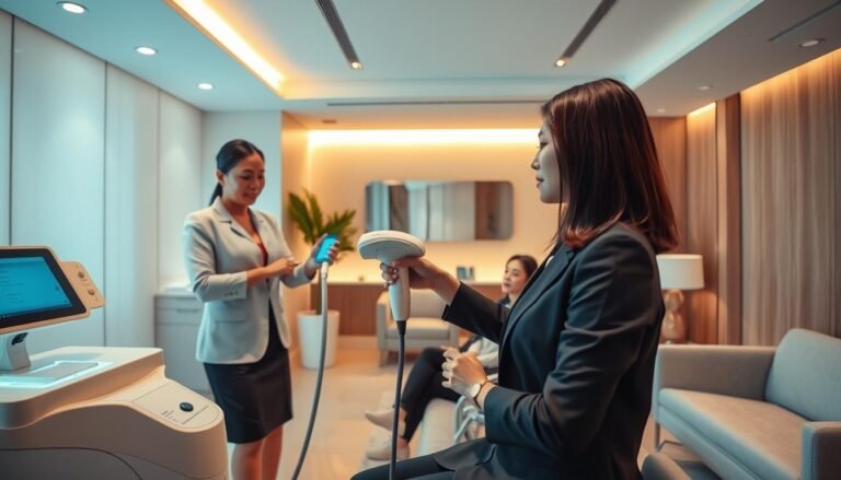 A modern beauty clinic interior in Hong Kong, showcasing advanced laser hair removal technology. In the foreground, a well-dressed female technician in professional attire is demonstrating the laser device on a client, who is comfortably seated and dressed in modest clothing. The middle ground features sleek, high-tech equipment and a consultation area with aesthetic lighting. The background reveals a calming, minimalist design with neutral colors and contemporary furnishings, emphasizing sophistication. Soft, warm lighting fills the scene, creating an inviting atmosphere. The angle is slightly from above, giving a comprehensive view of the treatment process while maintaining a professional and welcoming vibe. The focus is on the innovation of laser hair removal in a bustling urban setting.