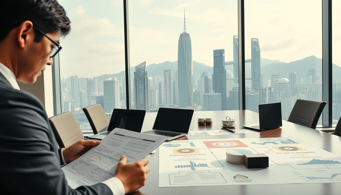 A professional office environment illustrating the importance of annual auditing in Hong Kong companies. In the foreground, a business professional in formal attire is reviewing financial documents, emphasizing diligence and compliance. In the middle, a modern conference table is adorned with laptops, charts, and compliance flowcharts depicting legal requirements and auditing processes. The background features a large window with a city view of Hong Kong, showcasing iconic skyscrapers under natural daylight. Soft diffused lighting enhances the serious yet optimistic atmosphere, while a slightly angled view gives depth to the scene, reflecting the dynamic nature of business compliance and the importance of transparency in annual audits.