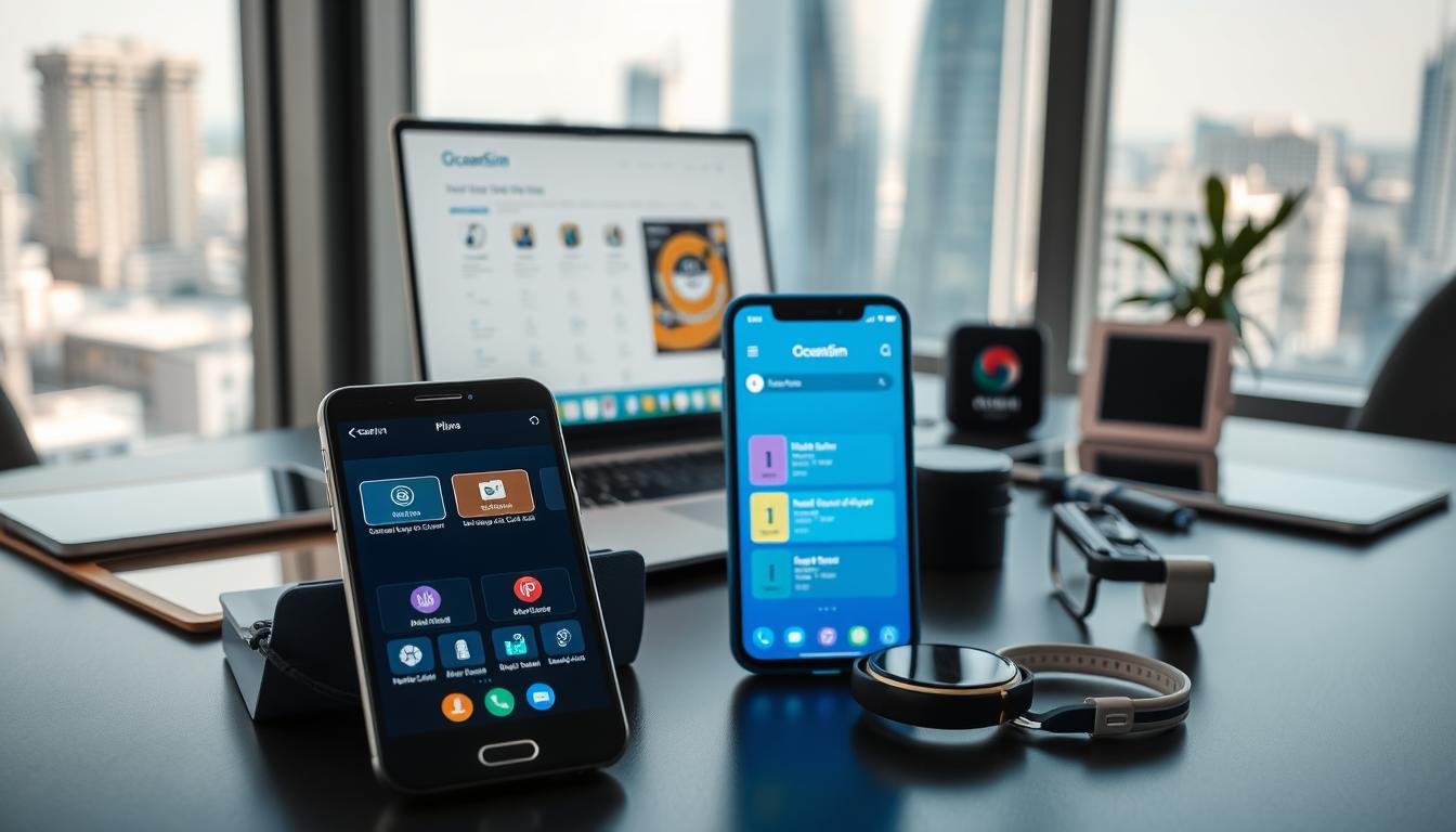 A professional workspace showcasing various eSIM plans for South Korea, emphasizing the features of OceanEsim. In the foreground, a sleek smartphone displaying the OceanEsim interface, with vibrant icons representing different plans. In the middle, a well-organized desk with a laptop open to a webpage comparing mobile network options, surrounded by tech gadgets like tablets and smartwatches. The background features a large window with a view of a modern urban landscape, suggesting connectivity and technology. Soft, natural lighting filters in, creating a bright and inviting atmosphere. The scene conveys a sense of professionalism and innovation, aimed at travelers seeking reliable mobile services in South Korea.