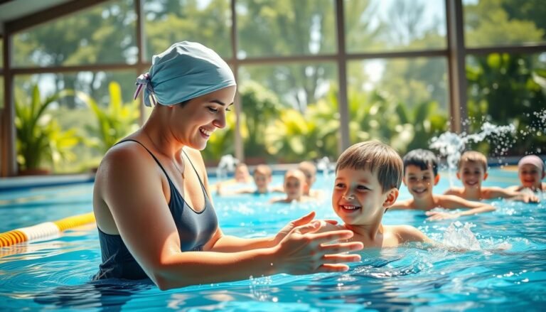 A vibrant swimming pool scene showing a dedicated swim instructor demonstrating swimming techniques to enthusiastic children. In the foreground, the instructor, wearing a modest swimsuit and swim cap, guides a young child on achieving proper arm strokes, their expressions reflecting concentration and joy. The middle background features several children practicing swimming techniques, splashing water and reinforcing teamwork and learning. Sunlight filters through the pool area, creating a warm and inviting atmosphere, enhancing the scene's energy. Lush greenery can be seen through large windows, adding a fresh feel. Capture this moment with a wide-angle lens to encompass both the action and the lively environment, while ensuring a clear focus on the interactions and emotions among the participants.