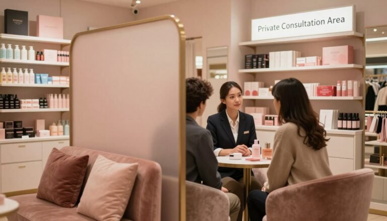 A cozy, well-lit interior of a modern sex shop, focusing on customer privacy measures. In the foreground, a discreet consultation area with a privacy screen, featuring plush seating and warm, inviting colors. A staff member, dressed in professional attire, is engaging with a customer, both appearing comfortable and respectful. The middle ground showcases various products on well-organized shelves, subtly lit to create an intimate atmosphere. In the background, a softly glowing sign discreetly indicates "Private Consultation Area." The overall mood is relaxed and welcoming, with warm lighting enhancing the cinematic vibes, suitable for providing a sense of security and confidentiality. The aspect ratio is 4:3 to emphasize the inviting space.