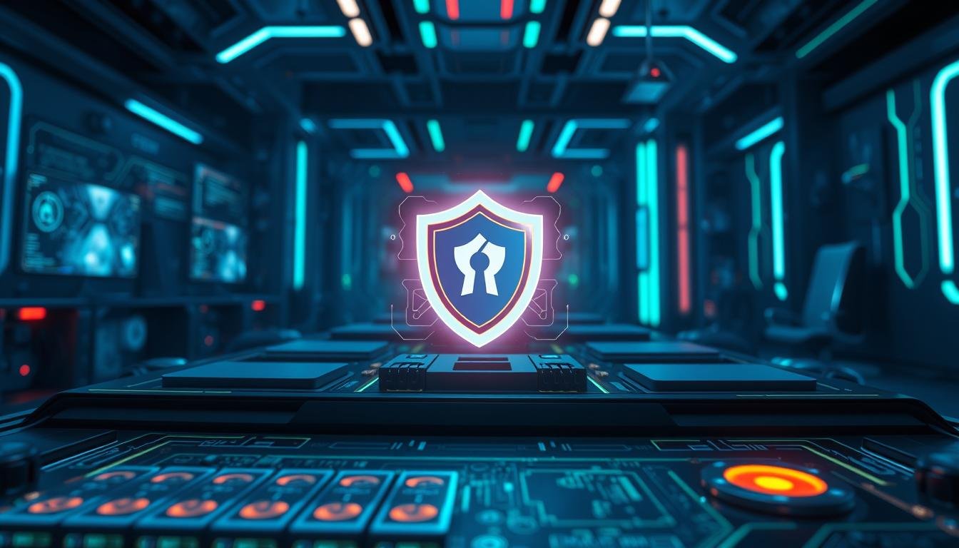 A detailed digital illustration representing the concept of "3A Entertainment's anti-cheat mechanism and security protection system." In the foreground, depict a sleek, modern gaming interface showcasing virtual cards and a glowing security shield symbol, symbolizing protection. The middle layer should feature sophisticated electronic components like circuit boards and data streams, suggesting complex algorithms at work. The background should include a futuristic gaming environment with dim lighting and pulsating LED accents, creating an immersive atmosphere. Use a high-contrast color palette with blues and greens for a tech-savvy vibe. The focus should be on conveying a sense of safety, trust, and innovation in gaming technology, captured from a slightly elevated angle to enhance depth and perspective.