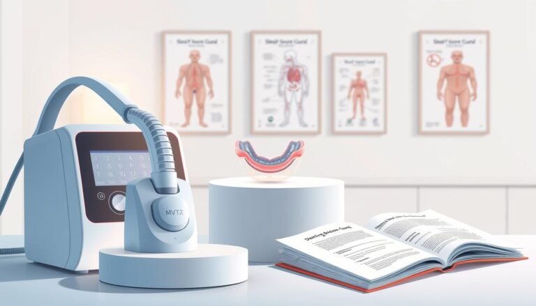 A serene and informative illustration depicting a variety of nasal snoring treatment solutions. In the foreground, a CPAP machine with a sleek design, gently illuminated by soft, diffuse lighting, showcasing its control panel. Beside it, a dental snore guard, featuring a clear, ergonomic design, prominently displayed on a simple, elegant pedestal. In the middle ground, an open notebook with detailed notes and diagrams on snoring treatments, inviting exploration. The background should feature a calm healthcare environment, such as a doctor's office, with light pastel colors and framed anatomical charts related to sleep apnea. Capture the atmosphere of professionalism and care, conveying the importance of choosing the right snoring treatment solution. Use a slightly elevated angle to provide a comprehensive view, emphasizing clarity and focus on the treatment options.