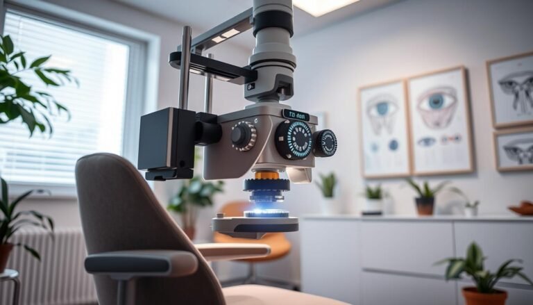 A close-up view of an eye examination room designed for SMILE vision correction pre-surgery checks. In the foreground, a modern optometrist’s chair, adjustable with cushioned fabric in a neutral tone. In the middle, a high-tech medical device for eye measurement, glowing softly under bright, focused overhead lighting, showcasing intricate details like digital displays and measurement scales. Background elements include a large window letting in natural daylight, plants for a calming ambiance, clean walls painted in soft pastels, and framed eye anatomy diagrams. The atmosphere is professional yet welcoming, reflecting the importance of thorough pre-surgery assessments for accurate data collection. The image should have soft shadow contrasts, emphasizing the high-tech tools in a clinical yet serene environment.