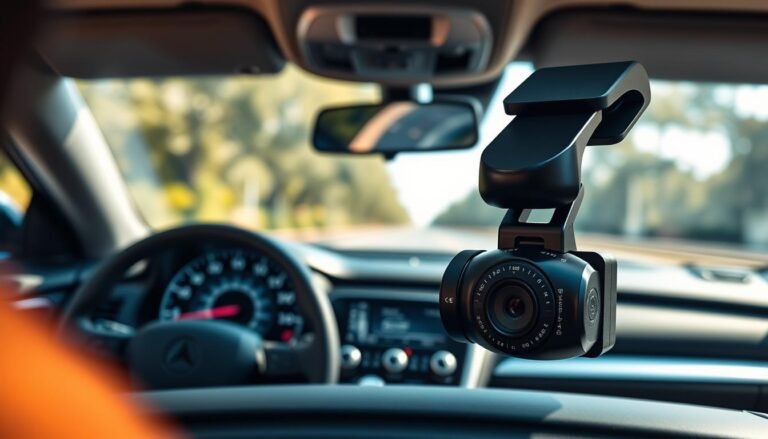 A high-quality, detailed image of a car dashboard featuring a sleek car dash cam, prominently displayed. In the foreground, the modern dash cam has a glossy black finish with LED indicators, positioned clearly to capture the road ahead. In the middle ground, the dashboard gauges and controls of a contemporary vehicle are visible, with a focus on the speedometer and navigation screen, illuminated with a soft blue light. The background showcases the blurred interior of the car, giving a sense of motion and speed. Natural sunlight streams through the windshield, creating a warm and inviting atmosphere. The overall mood is professional and tech-savvy, reflecting the advanced features of dash cams.