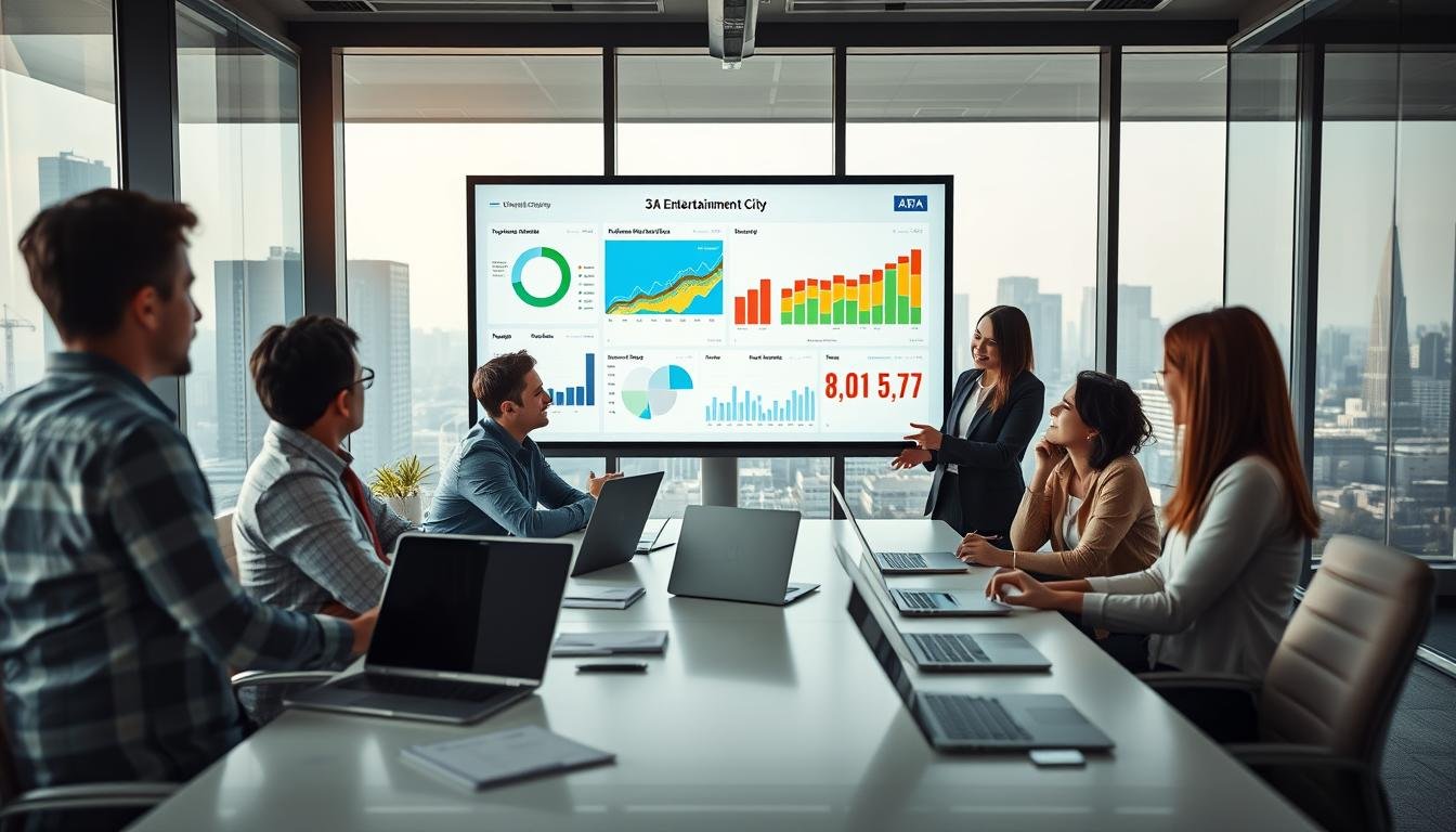A modern office space with a professional team analyzing data related to "3A Entertainment City". In the foreground, a diverse group of four professionals (two men and two women) in business attire are engaged in a discussion around a large screen displaying colorful graphs and charts reflecting traffic distribution and audience profiles. The middle section shows a sleek conference table cluttered with laptops, tablets, and notepads filled with notes. The background features large windows with a city skyline view, bright natural light streaming in, creating a productive and focused atmosphere. The overall mood is analytical and collaborative, emphasizing the importance of data-driven decision-making in digital entertainment project investments.