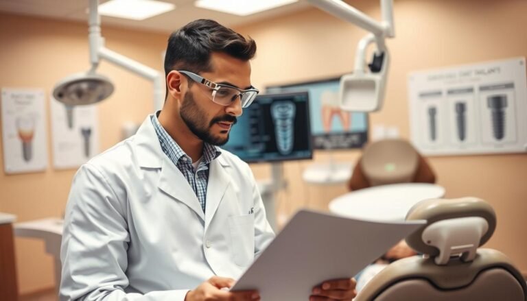 A professional dentist consulting with a patient in a modern dental clinic, emphasizing their relationship. In the foreground, the dentist, dressed in a crisp white coat and wearing safety goggles, is attentively discussing a treatment plan with the patient, who is comfortably seated in the dental chair, appearing engaged and reassured. The middle ground showcases sophisticated dental equipment and charts illustrating dental implants, hinting at complex dental procedures. The background features a warm, well-lit clinic with soft colors, enhancing a sense of trust and professionalism. The lighting is bright but gentle, highlighting the dentist's focused expression and the patient's relaxed demeanor. The atmosphere is calm and inviting, suggesting a strong bond between the practitioner and the patient.