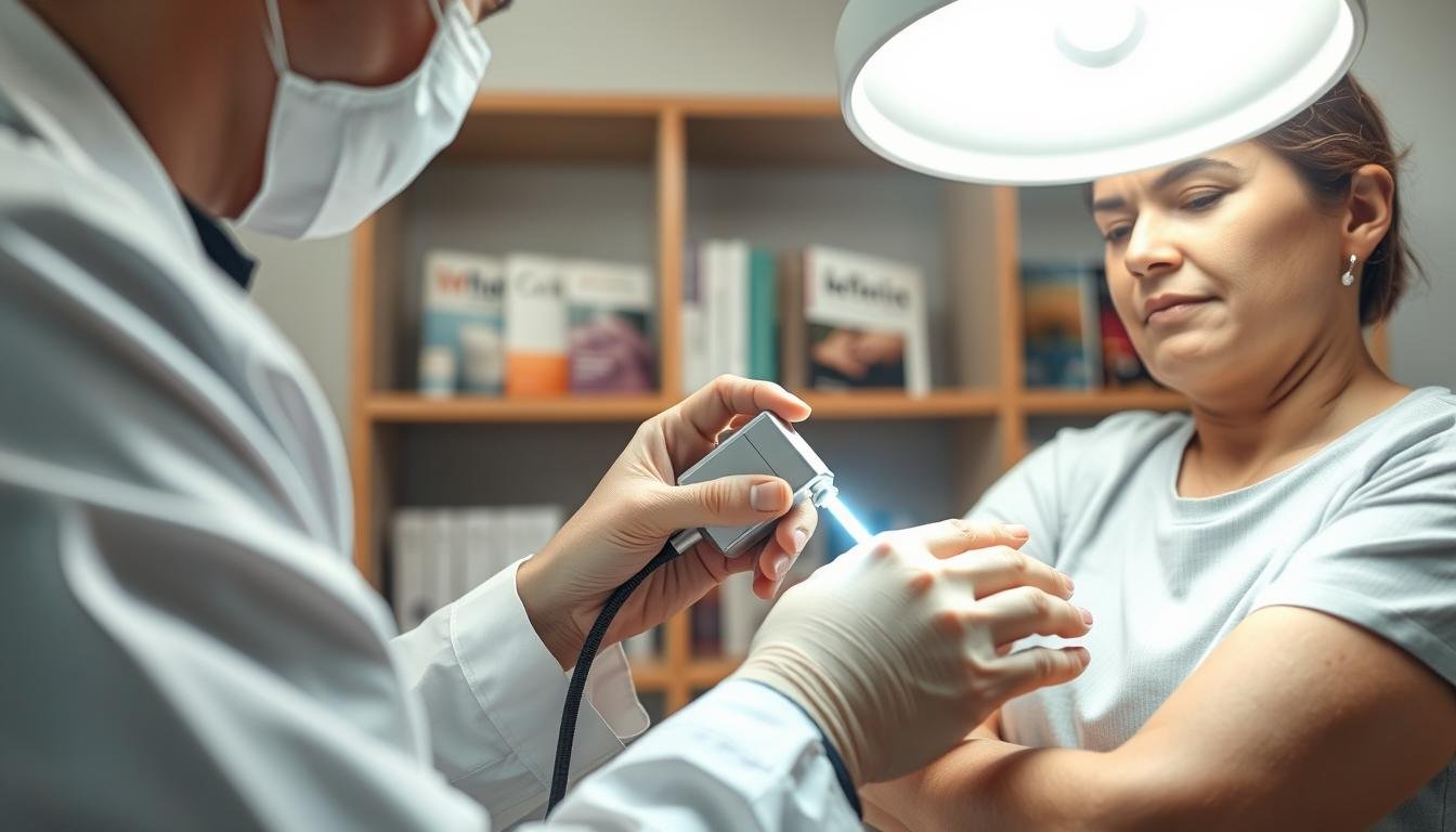 A professional dermatologist in a modern clinic setting, examining a patient’s skin under a bright, focused lamp. The foreground features a close-up of the dermatologist’s hands delicately using a high-precision laser tool aimed at a small skin growth on the patient's arm. The patient, dressed in modest casual clothing, appears relaxed and confident. In the middle background, shelves filled with medical literature on dermatology and skin care can be seen, emphasizing the importance of informed decision-making. Soft, natural lighting creates an inviting atmosphere, with a focus on safety and professionalism in skin treatments. The overall mood conveys trust and reassurance, highlighting the effectiveness and safety of laser wart removal procedures.