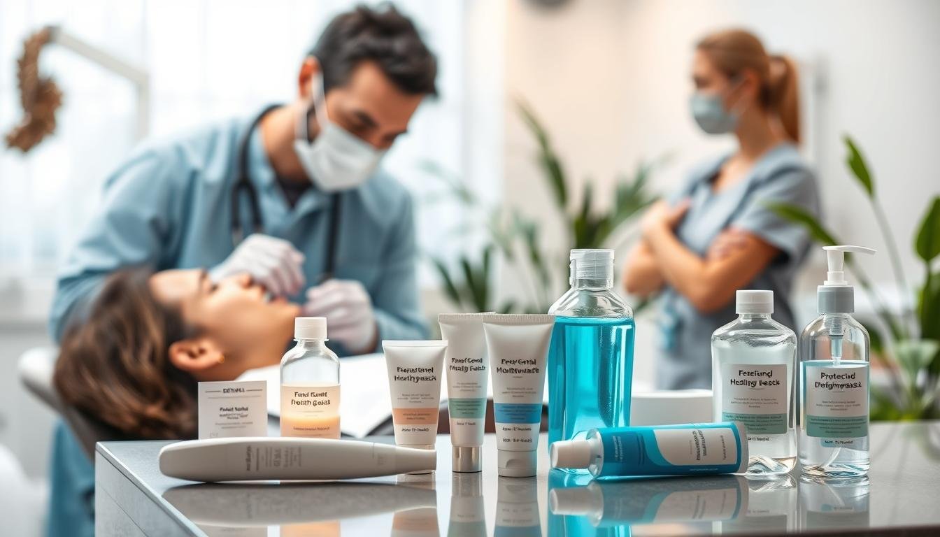 A serene dental clinic scene focusing on post-treatment care for sensitive gums after dental cleaning. In the foreground, a compassionate dentist, dressed in professional attire, gently examines a patient's mouth while a dental hygienist, in modest scrubs, prepares soothing care products. The middle ground features a calming assortment of dental care items like fluoride toothpaste, gentle mouthwash, and protective gum gel, all arranged neatly on a countertop. In the background, soft lighting illuminates the clinic, with plants adding a touch of tranquility. The mood is reassuring and professional, emphasizing comfort and care for patients experiencing gum sensitivity. The composition invites a sense of healing and proper dental hygiene practice.