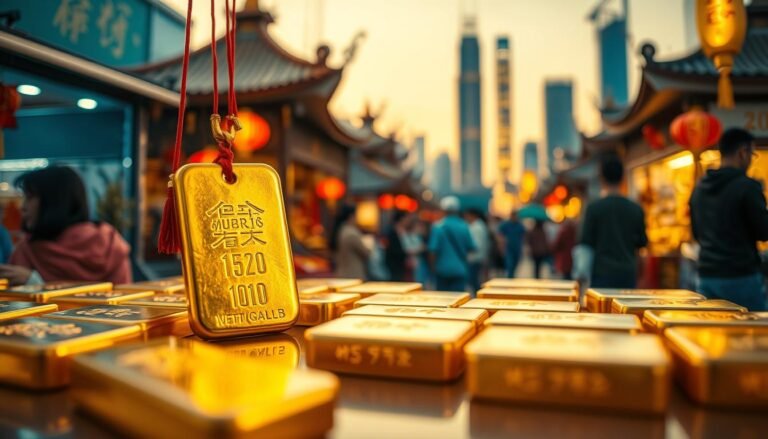 A visually appealing composition depicting the increasing demand for gold in Taiwan during the Lunar New Year. In the foreground, showcase a gleaming gold bar or a traditional gold ornament, emphasizing its vibrant color and reflective surface. In the middle ground, display a bustling scene in a Taipei market, filled with people interacting and purchasing gold goods, while traditional decorations related to the Spring Festival are highlighted. The background should feature the skyline of Taipei gently illuminated by warm, festive lights as dusk falls, creating a celebratory atmosphere. Soft golden lighting bathes the scene, evoking a sense of urgency and excitement around gold purchases. A shallow depth of field focuses on the foreground while softly blurring the bustling activity behind, inviting viewers to feel the demand surge as the festive season approaches.