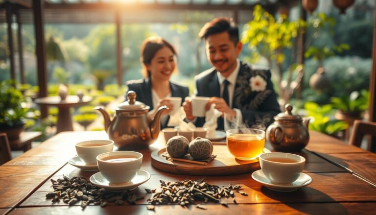 A cozy and intimate setting showcasing the charm and advantages of "定點茶." In the foreground, a beautifully set wooden table displays delicate tea cups filled with steaming tea, surrounded by fresh tea leaves and elegant teapots. The middle ground features a couple in professional business attire, enjoying the serene experience of tea together, their expressions relaxed and engaged. Soft, warm lighting bathes the scene, creating a romantic atmosphere. The background includes a peaceful tea garden with gentle sunlight filtering through lush greenery, enhancing the inviting vibe. The composition captures a cinematic feel, emphasizing the connection between the individuals and the aromatic delight of tea, all framed in a 4:3 aspect ratio.