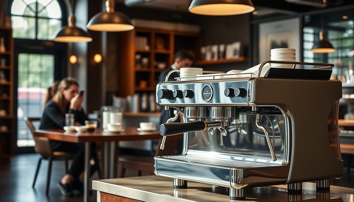A finely crafted La Marzocco professional coffee machine, showcasing its elegant design and exquisite craftsmanship, prominently displayed in a stylish, well-lit coffee shop environment. The machine, with its polished stainless steel finish and distinctive branding, serves as the focal point in the foreground. Surrounding it, a warm and inviting atmosphere with rich wood accents, artisanal coffee cups, and espresso beans creates a luxurious feel. Soft, natural lighting highlights the shine of the machine, while a blurred background features patrons enjoying their coffee, dressed in smart casual attire. The overall mood conveys sophistication and an appreciation for high-quality craftsmanship, appealing to discerning coffee lovers.