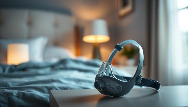 A serene bedroom setting at night, featuring a prominently placed, modern sleep apnea mask on a bedside table. The mask has a sleek, ergonomic design, with soft silicone edges and an adjustable head strap, showing its advanced technology. In the background, a softly lit bedside lamp casts a warm glow, enhancing the calm atmosphere. The focus is sharp on the mask's details, with a slight bokeh effect on the surrounding decor, creating a sense of tranquility. The image conveys a feeling of comfort and security, symbolizing the importance of choosing the right sleep apnea mask for quality sleep. Natural light from a nearby window adds a gentle touch, highlighting the product's features without distraction.