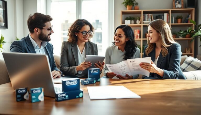 A serene home office scene featuring a diverse group of four adults engaged in a friendly discussion about Durex products, depicted in a professional and comfortable setting. In the foreground, a stylish wooden table with a laptop, Durex product packaging, and a notepad filled with user reviews. The middle-ground shows the individuals, two men and two women, dressed in smart casual attire, actively sharing their thoughts. One woman is pointing to a review on her tablet, while the others listen attentively. Bright natural light floods the room, creating a warm atmosphere. In the background, there are shelves filled with books and some decorative plants, enhancing the professional yet relaxed environment. The image should evoke a sense of collaboration and informed decision-making.