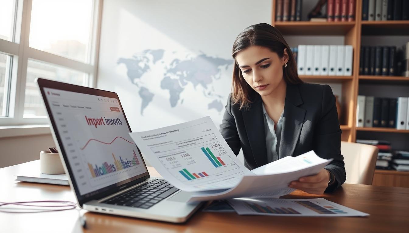 A professional office setting with a sleek desk and a laptop open to a financial website displaying currency exchange rates. In the foreground, a focused businesswoman, dressed in professional attire, analyzes documents detailing import costs, with graphs and charts that illustrate hidden currency discrepancies. Soft natural light streams from a large window, casting gentle shadows that create a calm atmosphere. On the middle layer, a world map with highlighted routes between the United States and various countries subtly appears on the wall behind her. The background features shelves filled with financial books, enhancing the business environment. The overall mood conveys seriousness and diligence in navigating complex financial transactions.