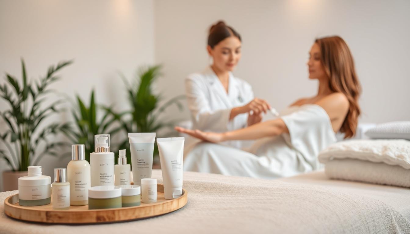 A serene spa setting featuring a well-organized treatment area for post-laser hair removal care. In the foreground, an elegant display of skincare products such as soothing gels, moisturizers, and sunscreens, arranged on a soft, neutral-colored cloth. The middle layer shows a professional skincare specialist, dressed in modest attire, gently demonstrating the application of a soothing cream on a client's arm, who is relaxed and comfortably seated. The background reveals a clean, calming ambiance with soft lighting, and plants to create a tranquil atmosphere. The overall mood exudes relaxation, professionalism, and confidence in skincare expertise. Soft focus on the surroundings enhances the tranquil effect while highlighting the professional interaction.
