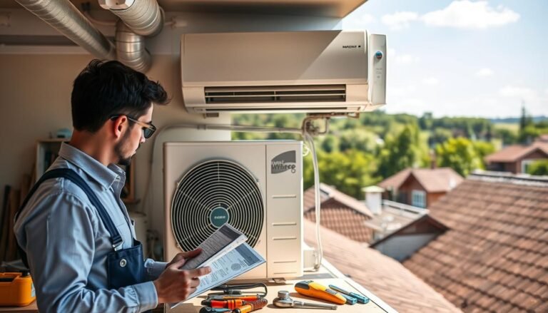 A well-equipped air conditioning installation workspace featuring a split-type air conditioning unit designed for rooftop installation in a village setting. In the foreground, a skilled technician in professional business attire is examining the unit's specifications, with tools neatly arranged beside him. In the middle, the split-unit is mounted against a backdrop of a sloping roof under bright daylight, showcasing the intricate components and piping. The background illustrates a picturesque village landscape with traditional houses and green trees. The lighting is natural and bright, casting soft shadows, conveying a sense of professionalism and expertise. The atmosphere is focused and proactive, reflecting careful planning for optimal installation based on sunlight exposure and gradient roofing.