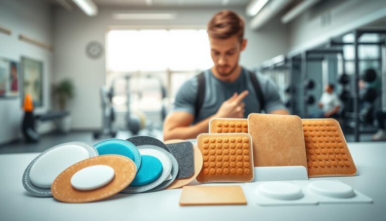 An informative and visually engaging illustration that showcases the concept of sports health patches. In the foreground, a close-up of various sports health patches in different shapes and colors, such as circular, rectangular, and skin-tone patches, neatly arranged. The middle ground features a soft-focus image of a professional, casually dressed athletic individual examining the patches with a look of curiosity. In the background, subtle imagery of a gym setting, with fitness equipment and healthy lifestyle elements, creates context. The lighting is bright and even, enhancing the textures and colors of the patches. The mood conveys professionalism mixed with a sense of wellness and active living, capturing the essence of health and fitness product recommendations.