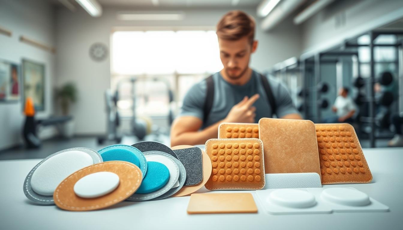 An informative and visually engaging illustration that showcases the concept of sports health patches. In the foreground, a close-up of various sports health patches in different shapes and colors, such as circular, rectangular, and skin-tone patches, neatly arranged. The middle ground features a soft-focus image of a professional, casually dressed athletic individual examining the patches with a look of curiosity. In the background, subtle imagery of a gym setting, with fitness equipment and healthy lifestyle elements, creates context. The lighting is bright and even, enhancing the textures and colors of the patches. The mood conveys professionalism mixed with a sense of wellness and active living, capturing the essence of health and fitness product recommendations.