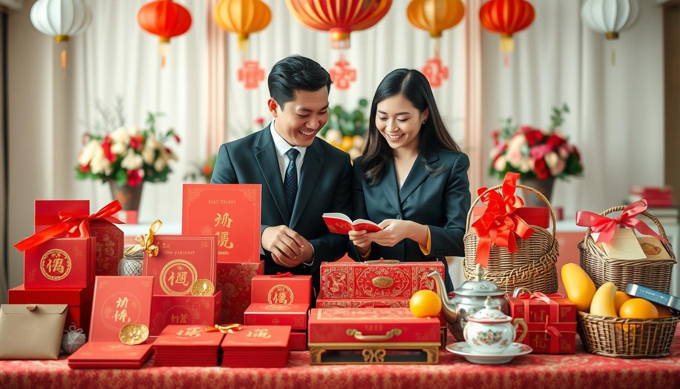 A beautifully arranged traditional Taiwanese wedding gift table showcasing an array of colorful and symbolic offerings. In the foreground, there are elegant red and gold envelopes, representing good fortune, alongside decorative items such as intricate tea sets and fruit baskets, all meticulously arranged. In the middle, a couple in professional business attire, smiling warmly, examines the gifts, their expressions conveying joy and anticipation. The background features a softly blurred festive setting, decorated with paper lanterns and floral arrangements, creating a celebratory mood. Soft, natural lighting enhances the scene, casting gentle shadows and adding warmth, while a shallow depth of field focuses on the couple and the gifts, inviting the viewer into this meaningful tradition.